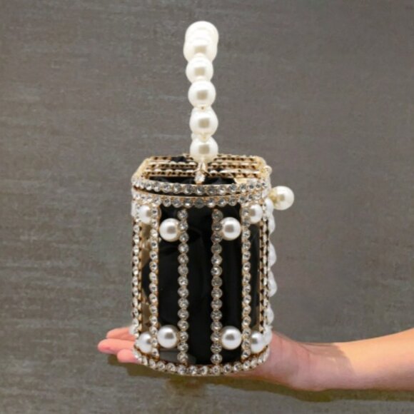 Neiman Marcus Rhinestone Cage Bag Sparkling Hollow Pearl Evening Clutch